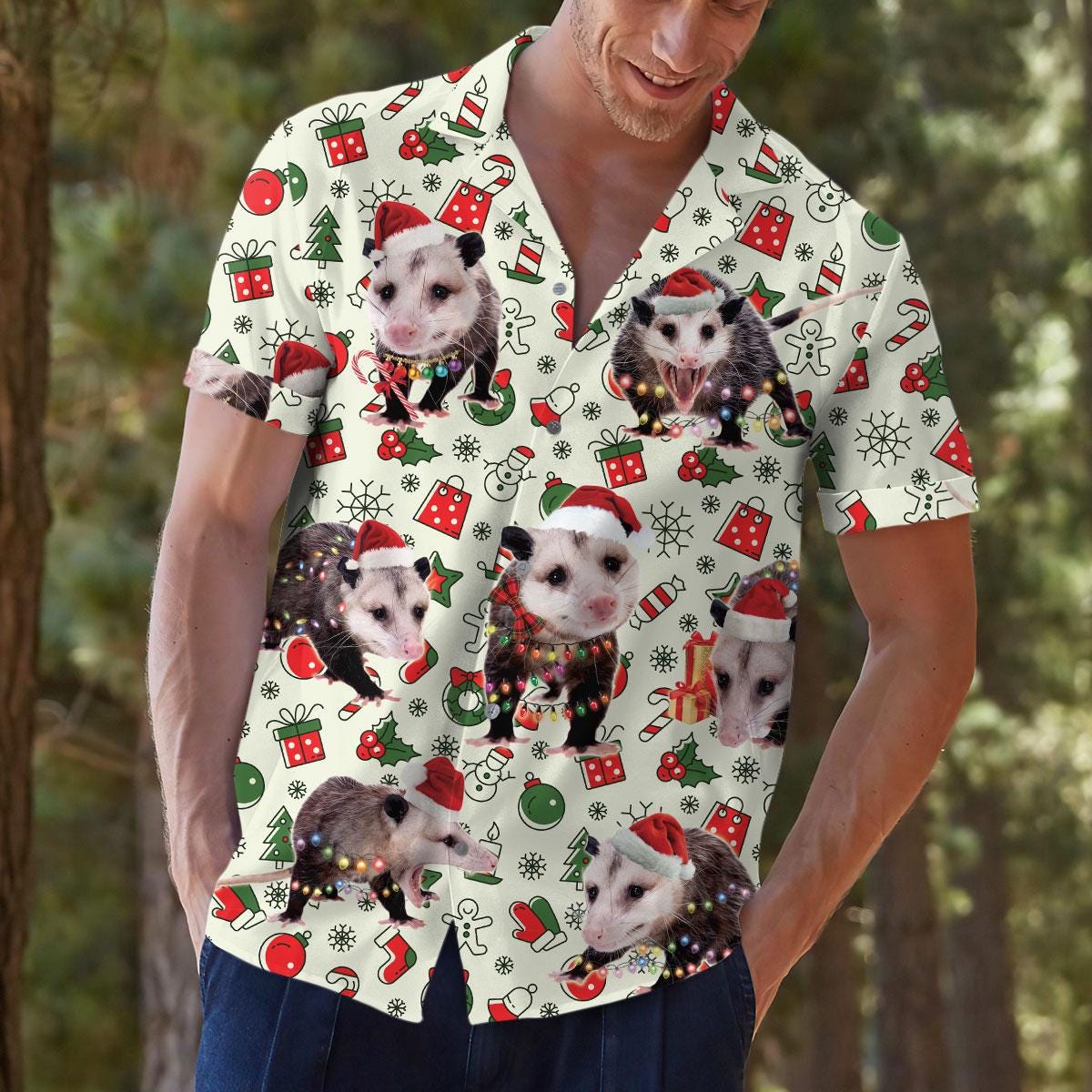Model outdoors wearing a festive opossum print button-up shirt with jeans