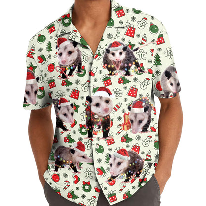 Model wearing a Christmas opossum Hawaiian shirt with Santa hats and holiday symbols