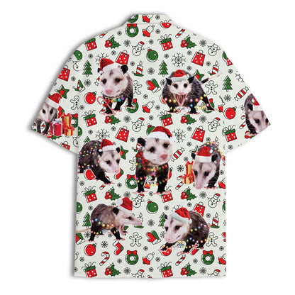 Flat front view of a holiday Hawaiian shirt featuring repeated opossums and colorful Christmas motifs