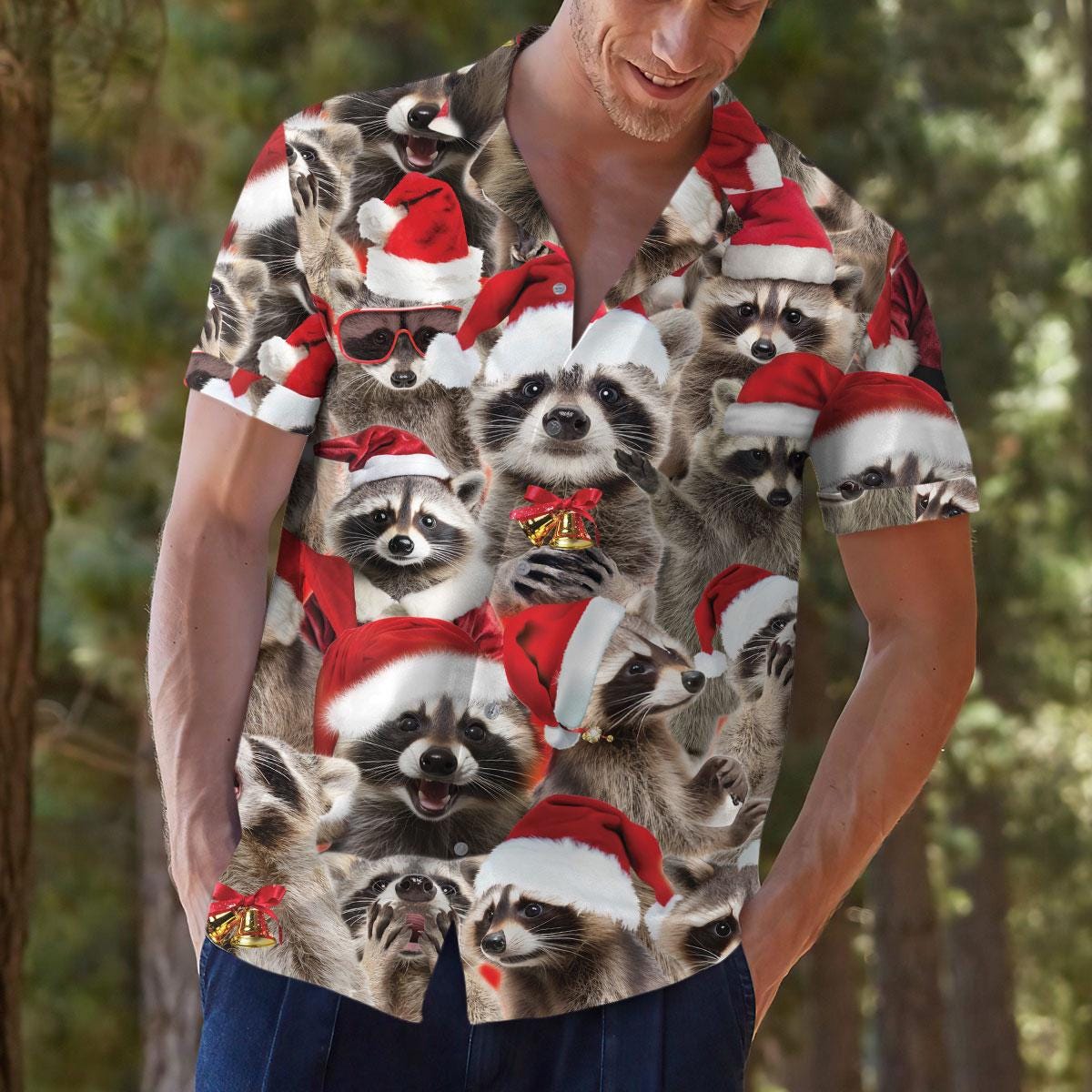 Model wearing festive raccoon shirt with hands in pockets