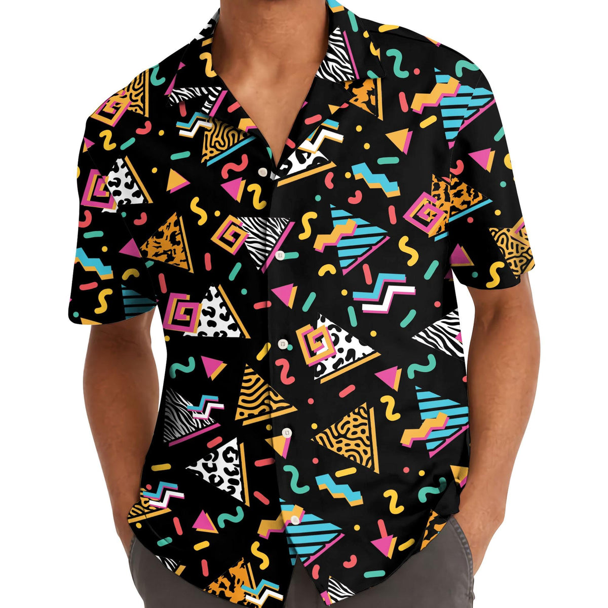 Model wearing the colorful geometric Hawaiian shirt with jeans