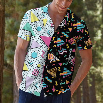 Model styling the retro graphic Hawaiian shirt outdoors
