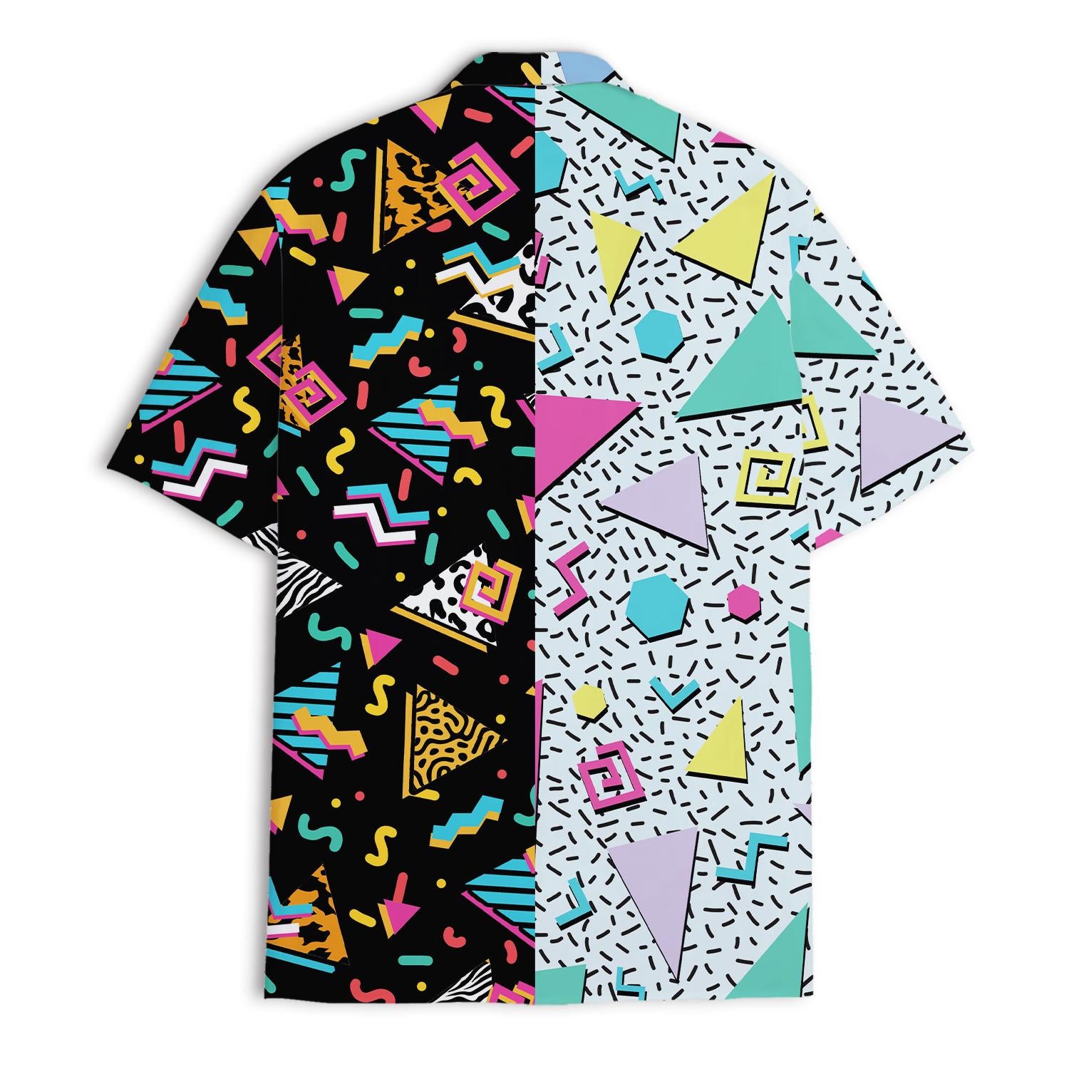 Back view of a split-pattern colorful Hawaiian shirt