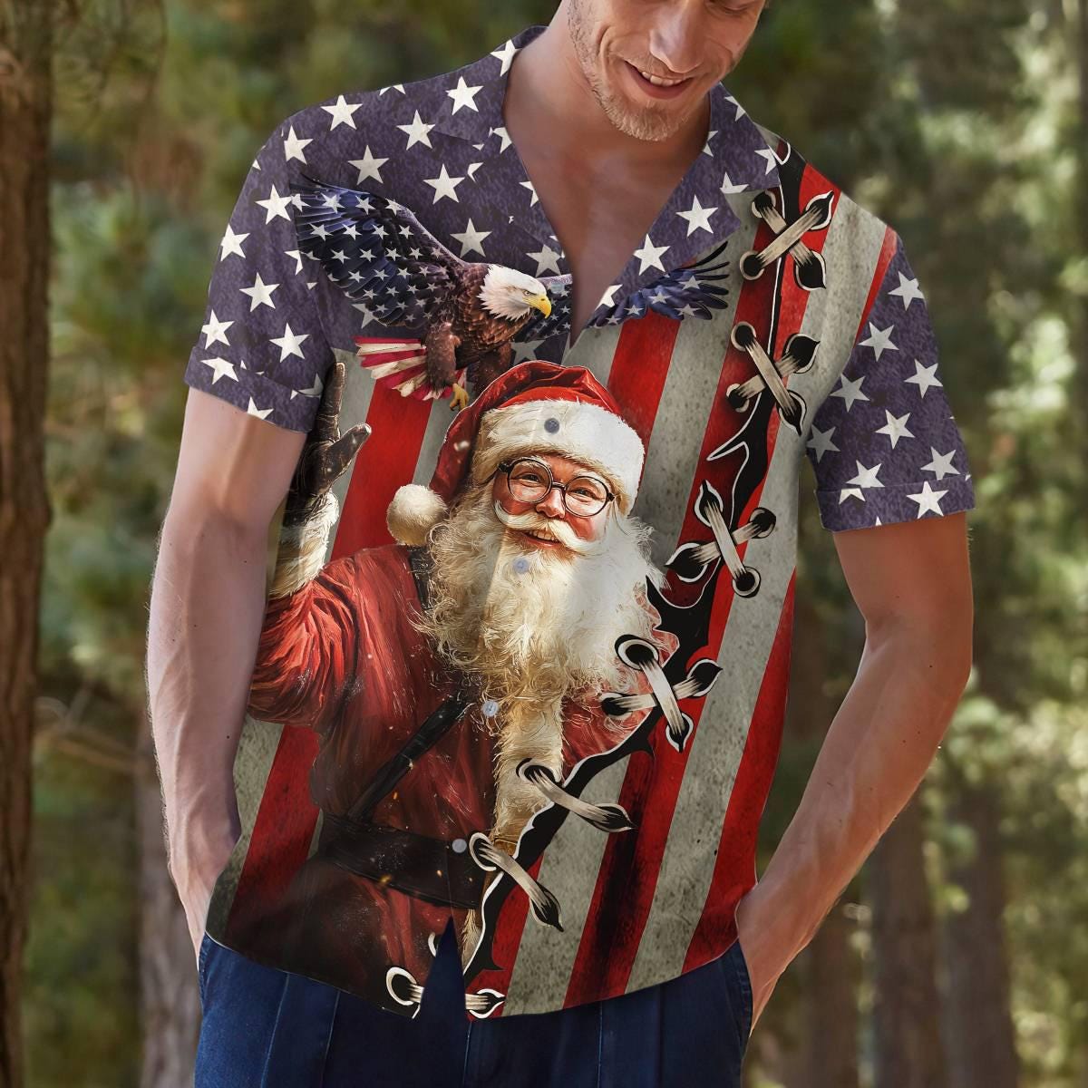 Lifestyle view of a model wearing a patriotic Santa holiday Hawaiian shirt outdoors
