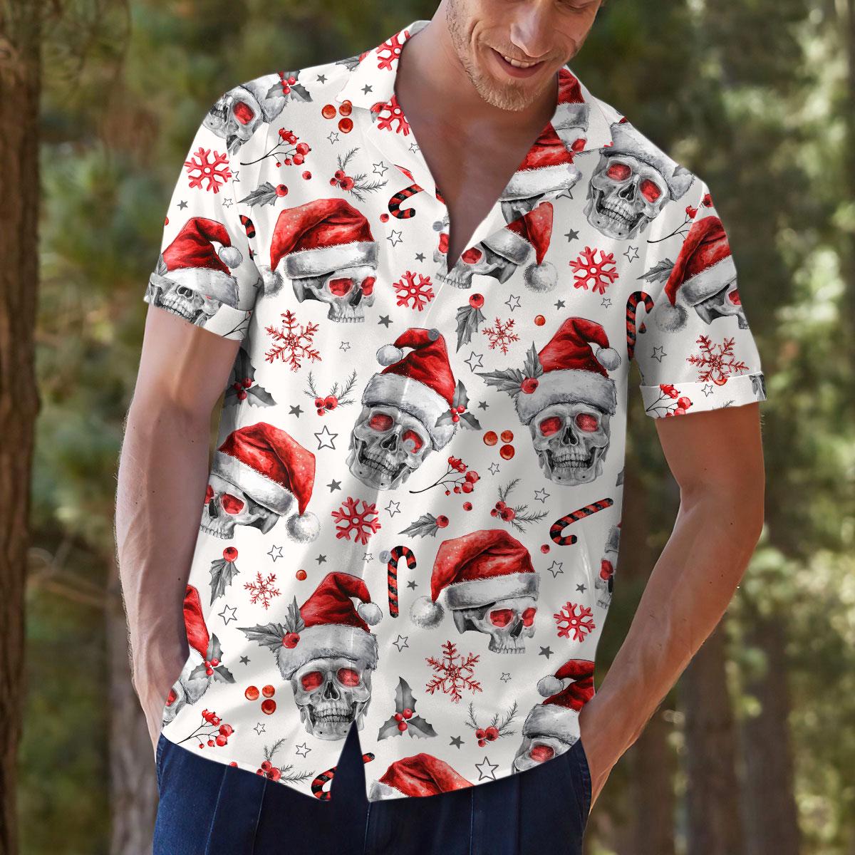 Model outdoors wearing a festive skull Santa hat Hawaiian shirt
