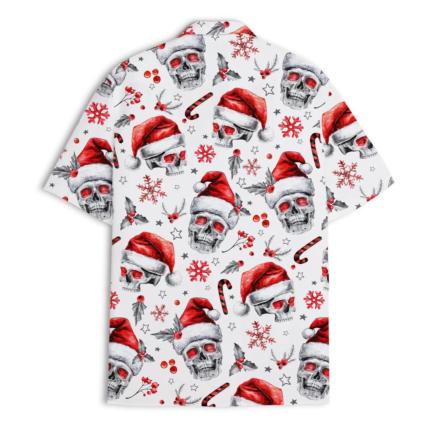 Back view of white holiday Hawaiian shirt with repeating skull and Santa hat pattern