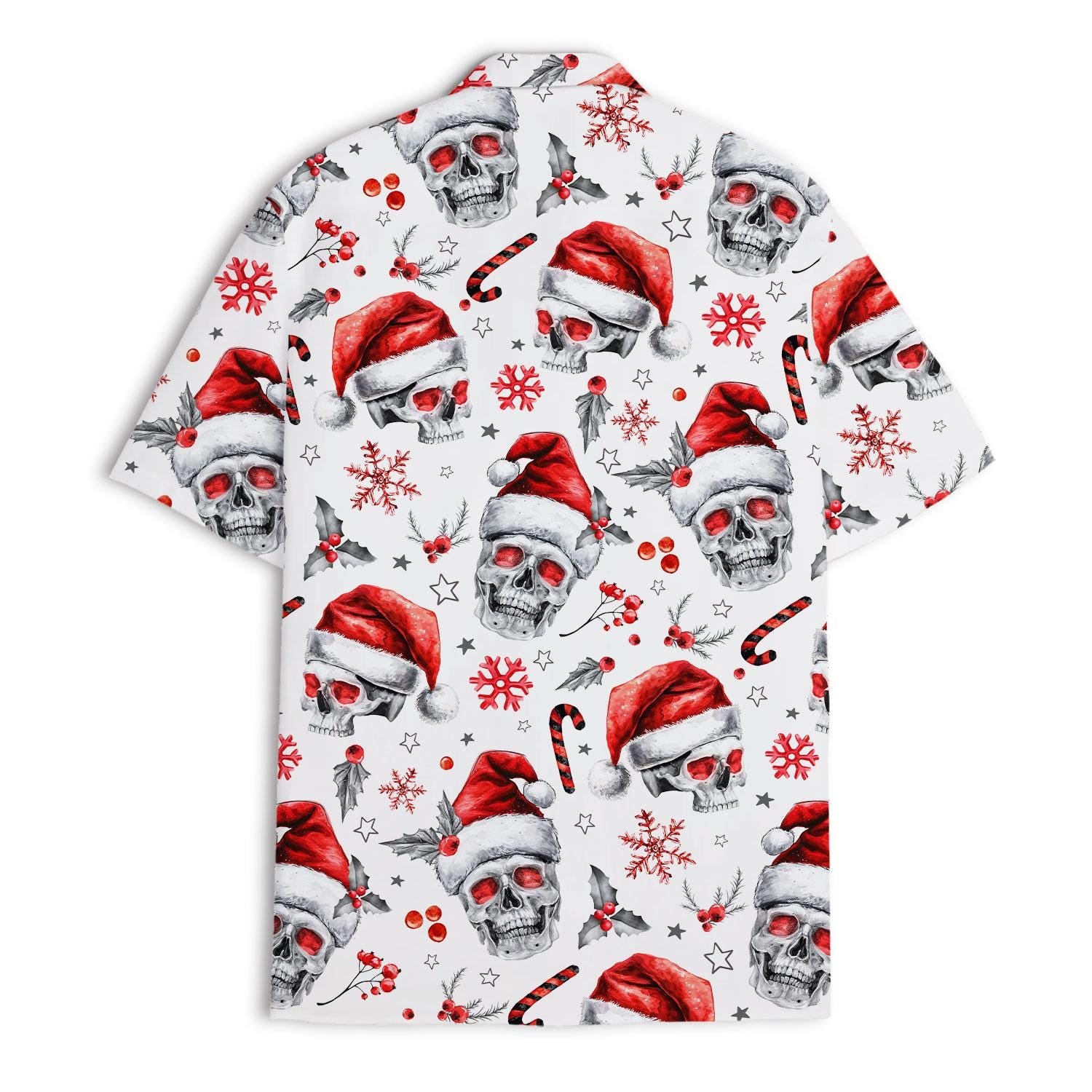 Back view of white holiday Hawaiian shirt with repeating skull and Santa hat pattern