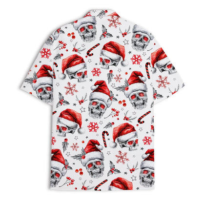 Back view of white holiday Hawaiian shirt with repeating skull and Santa hat pattern