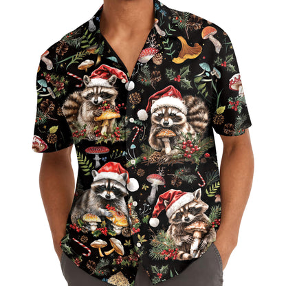 Model wearing a short sleeve Christmas raccoon Hawaiian shirt