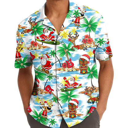 Model wearing tropical Christmas Hawaiian shirt outdoors