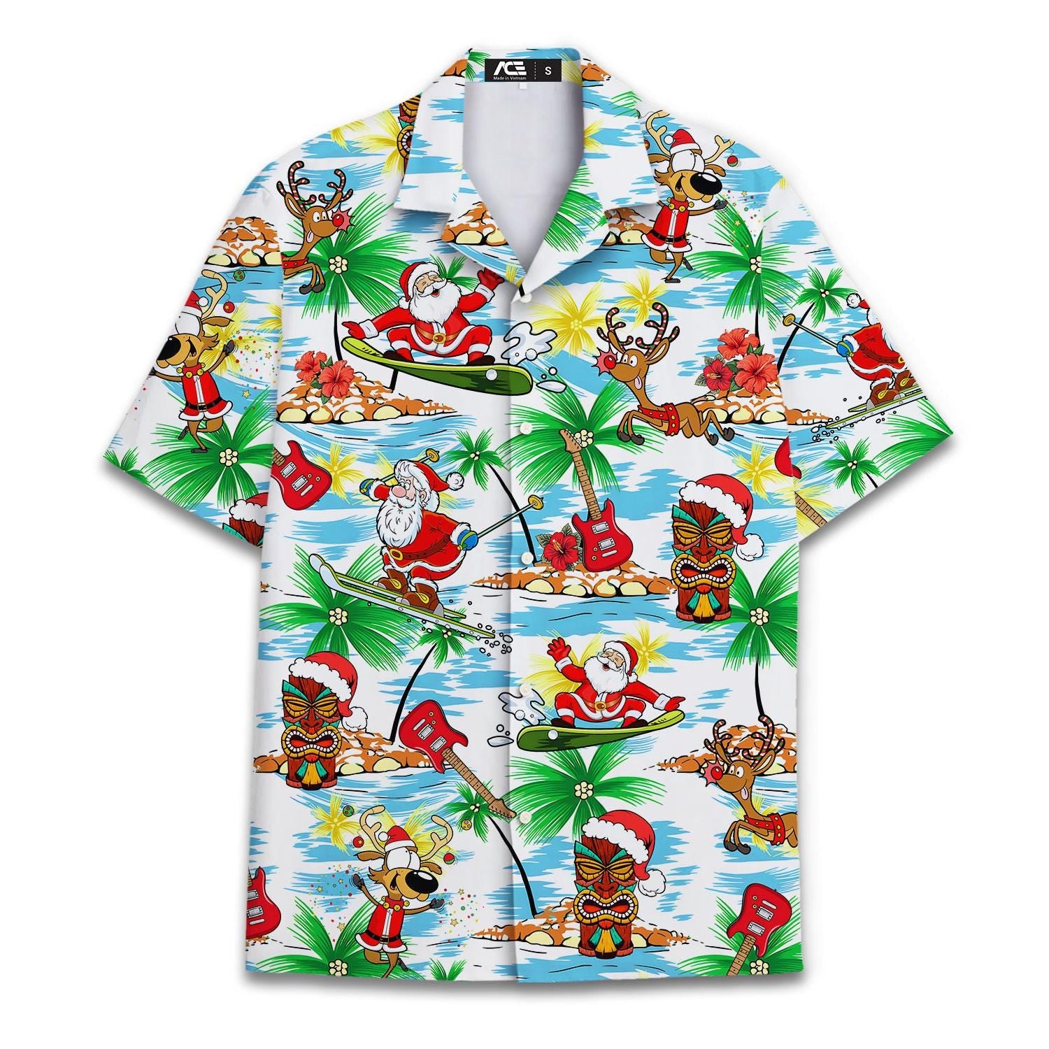 Front view of tropical Christmas Hawaiian shirt with Santa, reindeer and palm tree print
