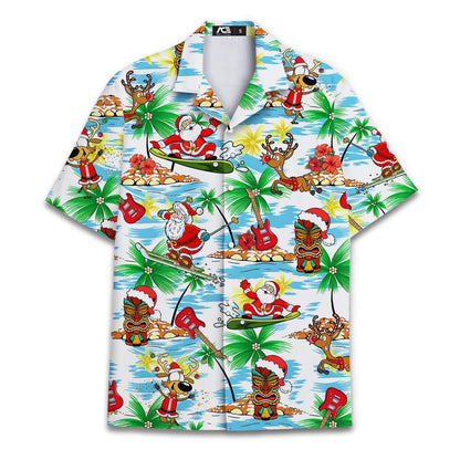 Front view of tropical Christmas Hawaiian shirt with Santa, reindeer and palm tree print
