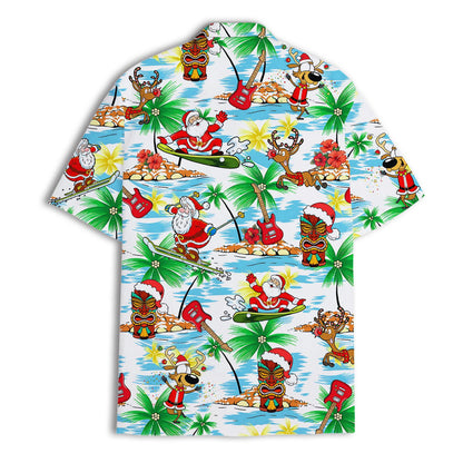 Back view of tropical Santa and reindeer Hawaiian shirt
