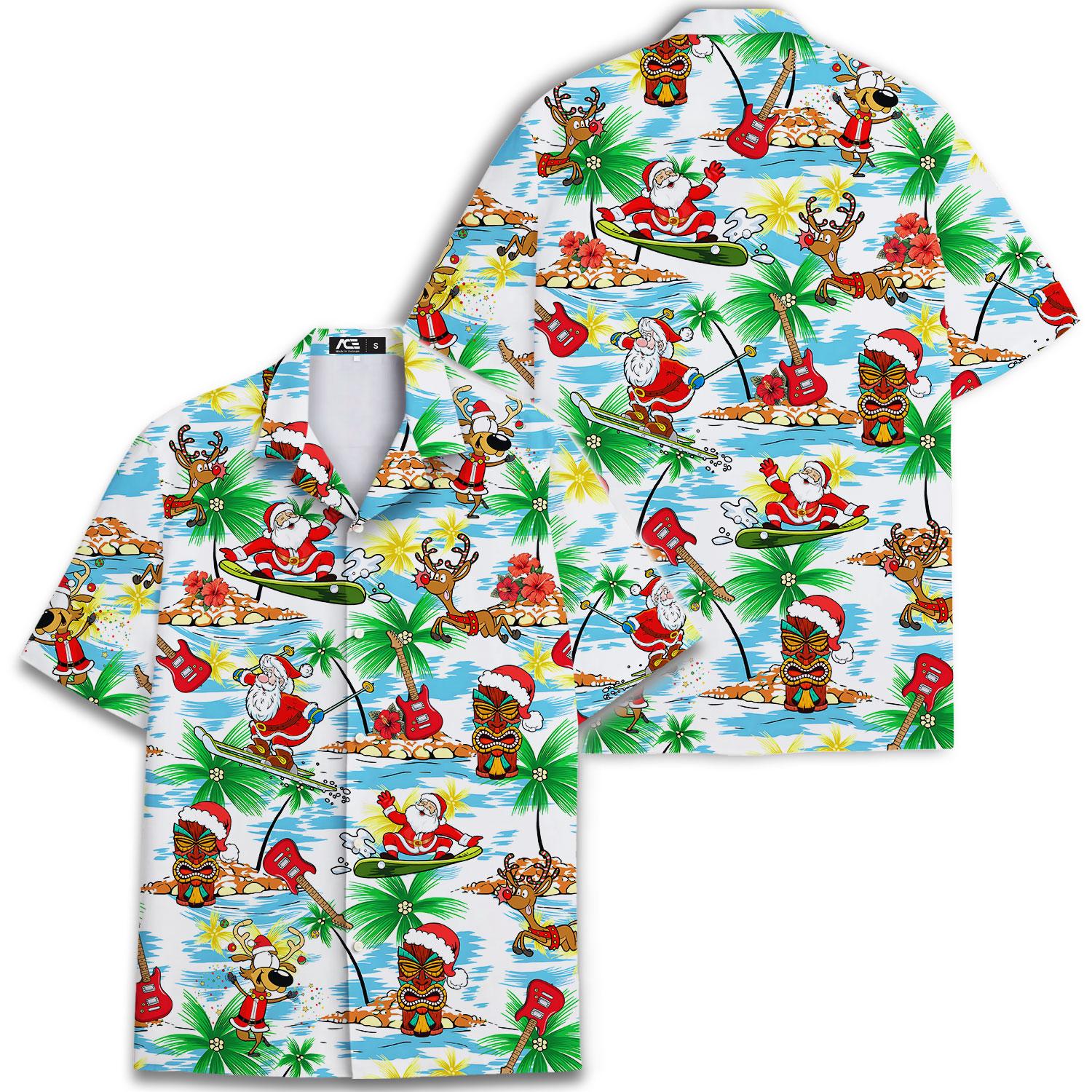 Hawaiian Christmas shirt shown front and back with colorful island holiday pattern