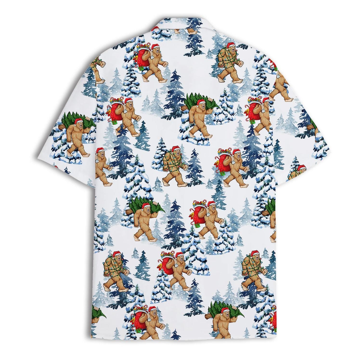 Back view of an all-over Christmas Bigfoot and snowy forest Hawaiian shirt