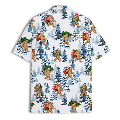 Back view of an all-over Christmas Bigfoot and snowy forest Hawaiian shirt