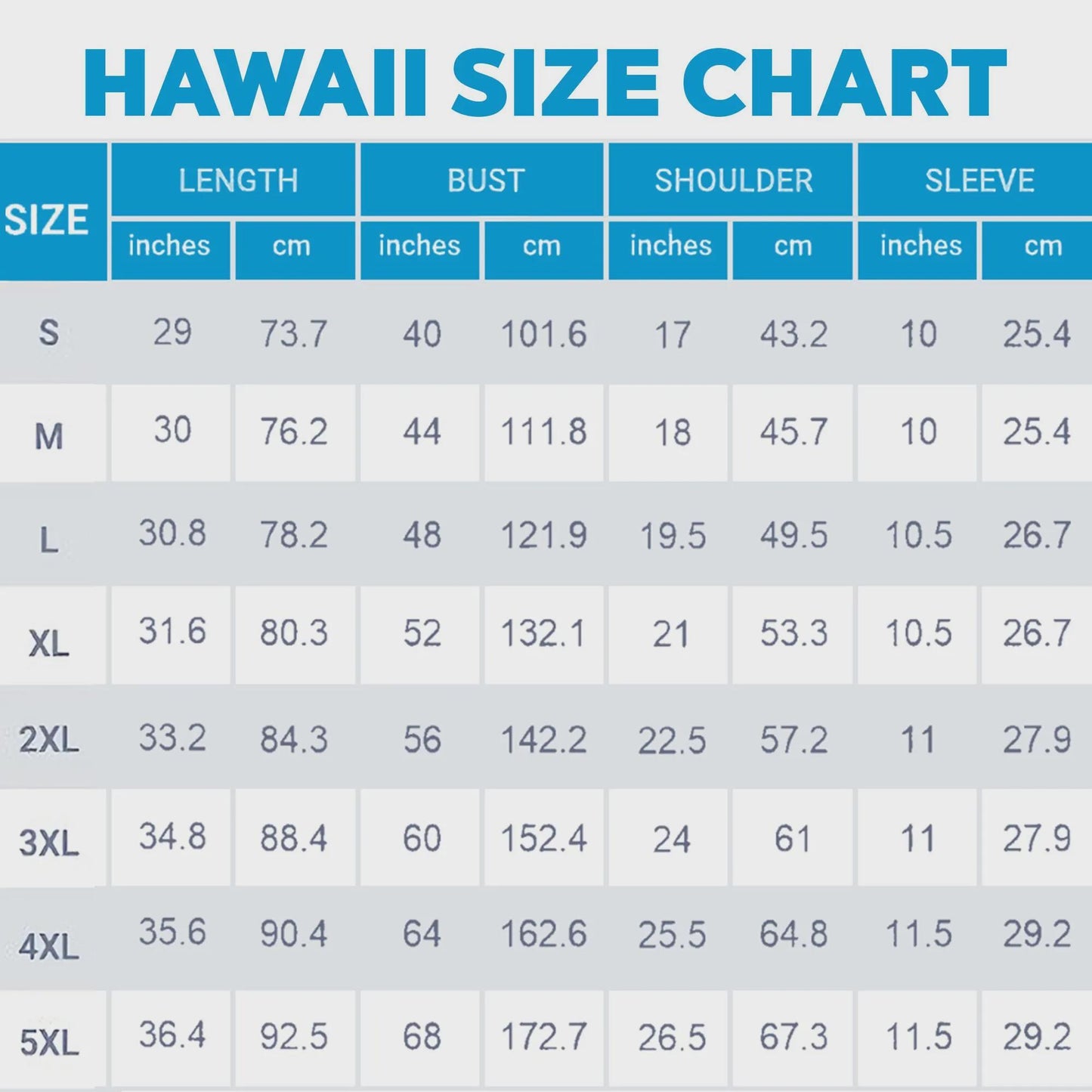Hawaiian shirt size chart showing measurements from S through 5XL