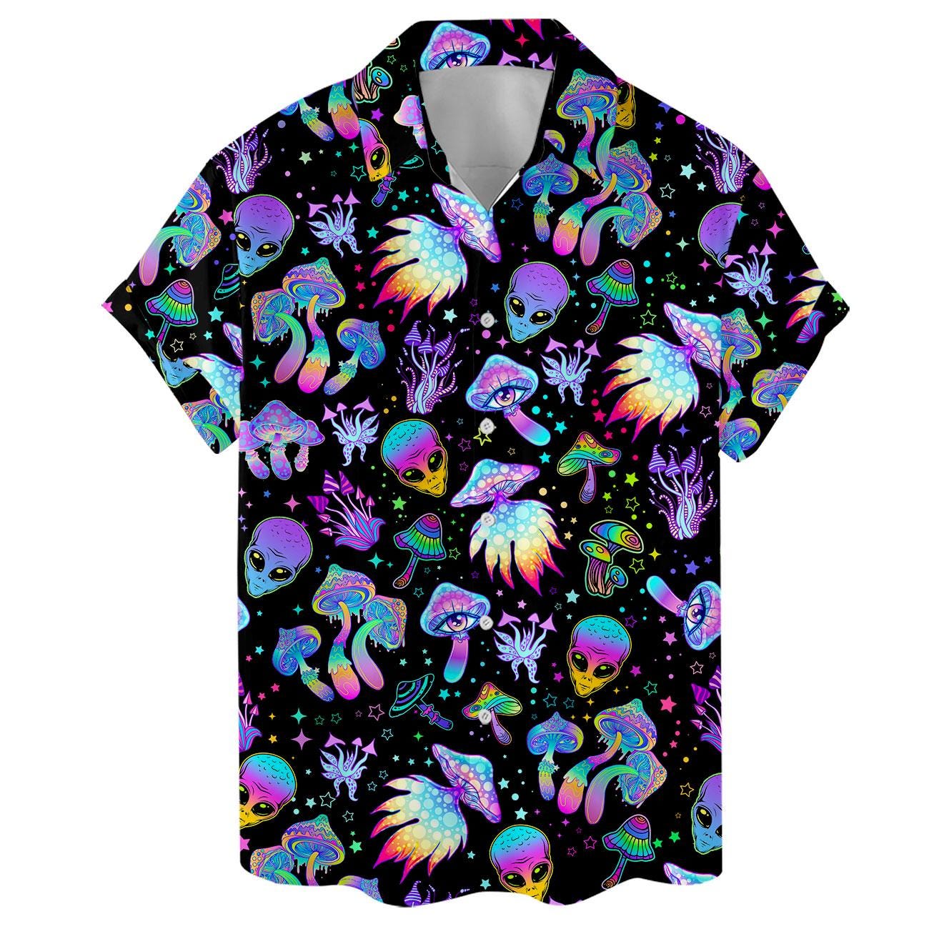 Front view of short-sleeve Hawaiian shirt with all-over colorful fantasy print
