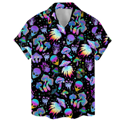 Front view of short-sleeve Hawaiian shirt with all-over colorful fantasy print