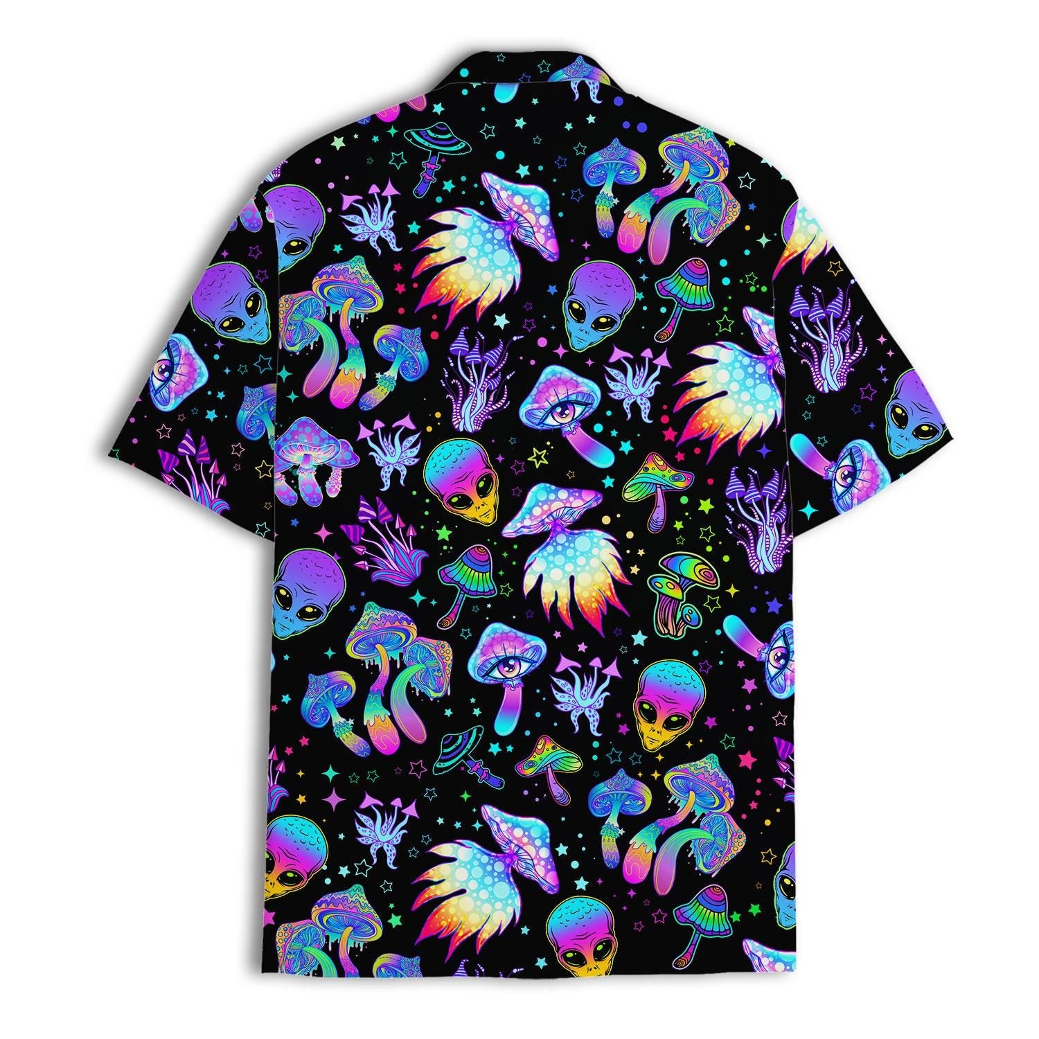 Back view of neon psychedelic Hawaiian shirt with space-inspired motifs