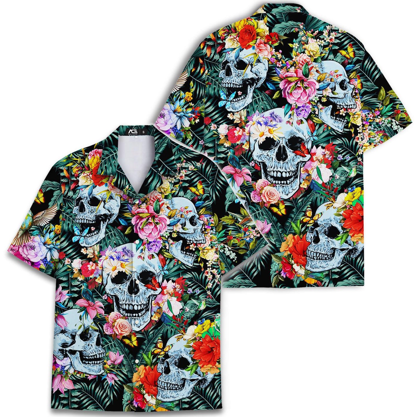 Two views of a skull and flower tropical Hawaiian shirt