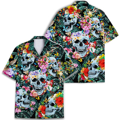 Two views of a skull and flower tropical Hawaiian shirt