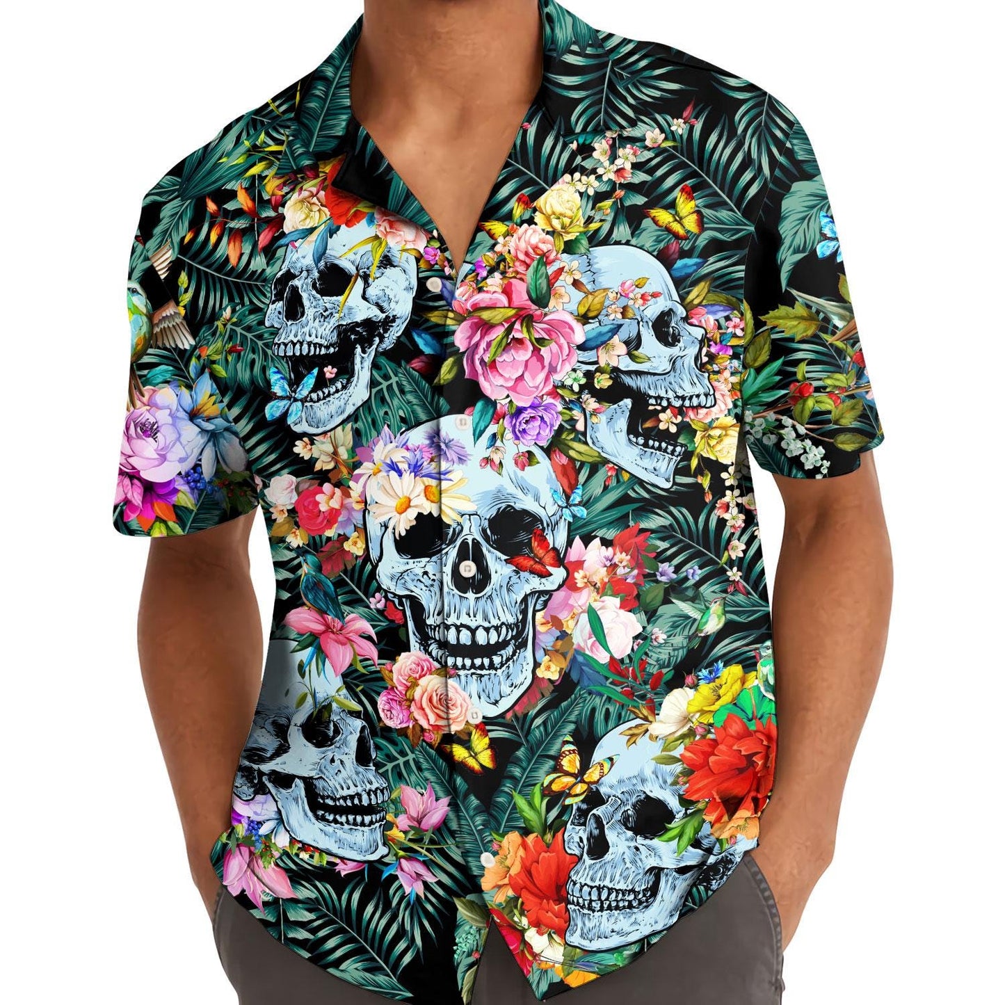 Model wearing tropical skull button-front shirt