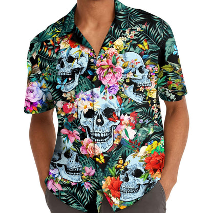 Model wearing tropical skull button-front shirt