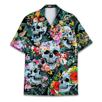 Skull floral Hawaiian shirt displayed front-on with tropical leaves and colorful flowers