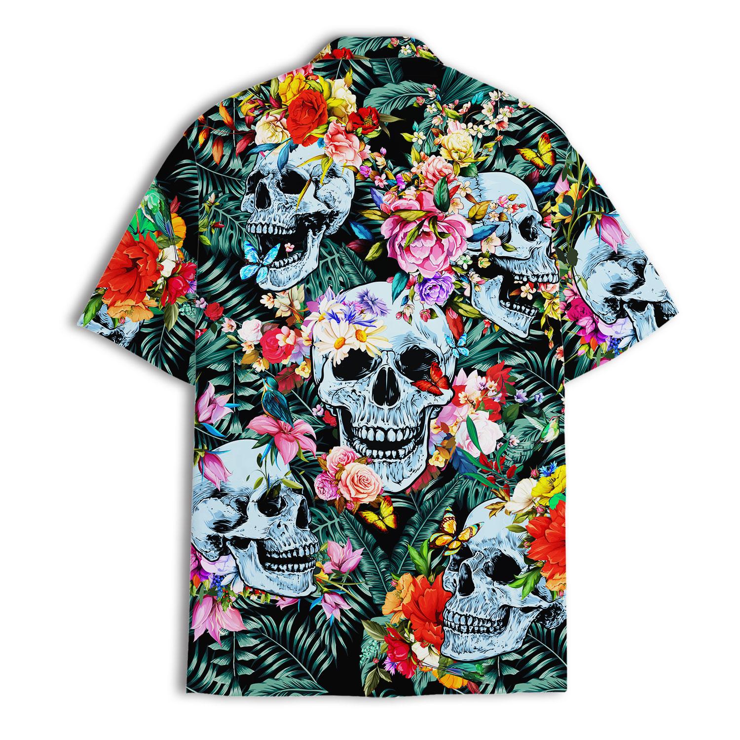 Back view of tropical skull floral Hawaiian shirt