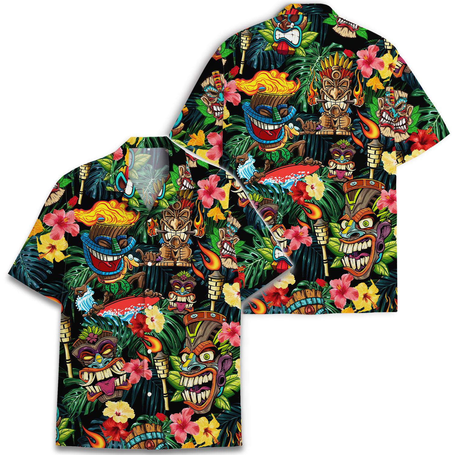 Front and back views of tiki print Hawaiian shirt with tropical flowers and lush foliage