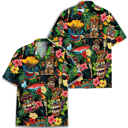 Front and back views of tiki print Hawaiian shirt with tropical flowers and lush foliage