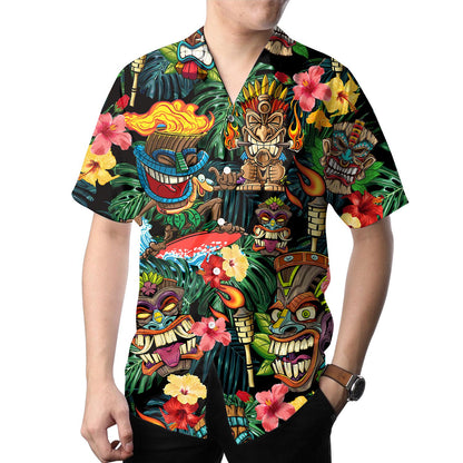 Person wearing colorful tiki mask Hawaiian shirt with tropical floral artwork