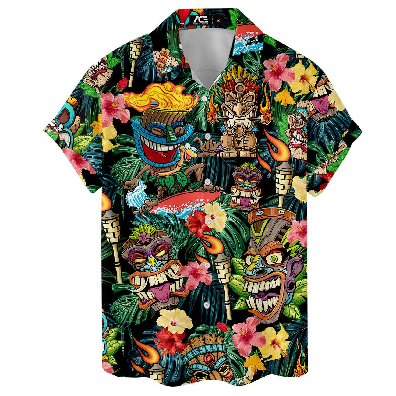 Flat front view of vibrant tiki mask and floral Hawaiian shirt