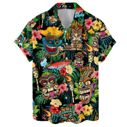 Flat front view of vibrant tiki mask and floral Hawaiian shirt