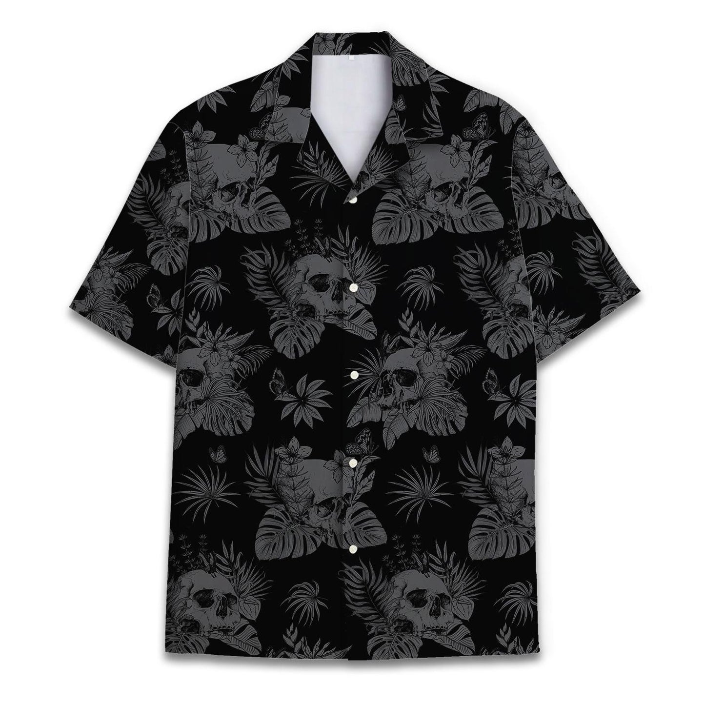 Front view of a black Hawaiian shirt with gray skulls and tropical leaves