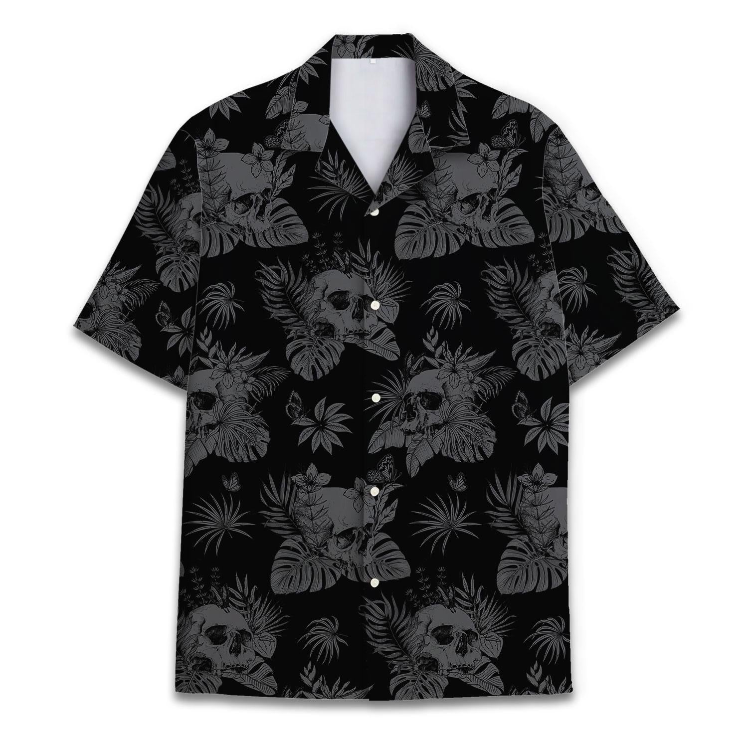 Front view of a black Hawaiian shirt with gray skulls and tropical leaves