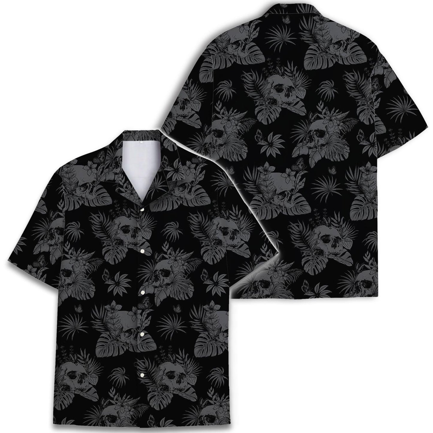 Front and back views of a black and gray skull tropical Hawaiian shirt