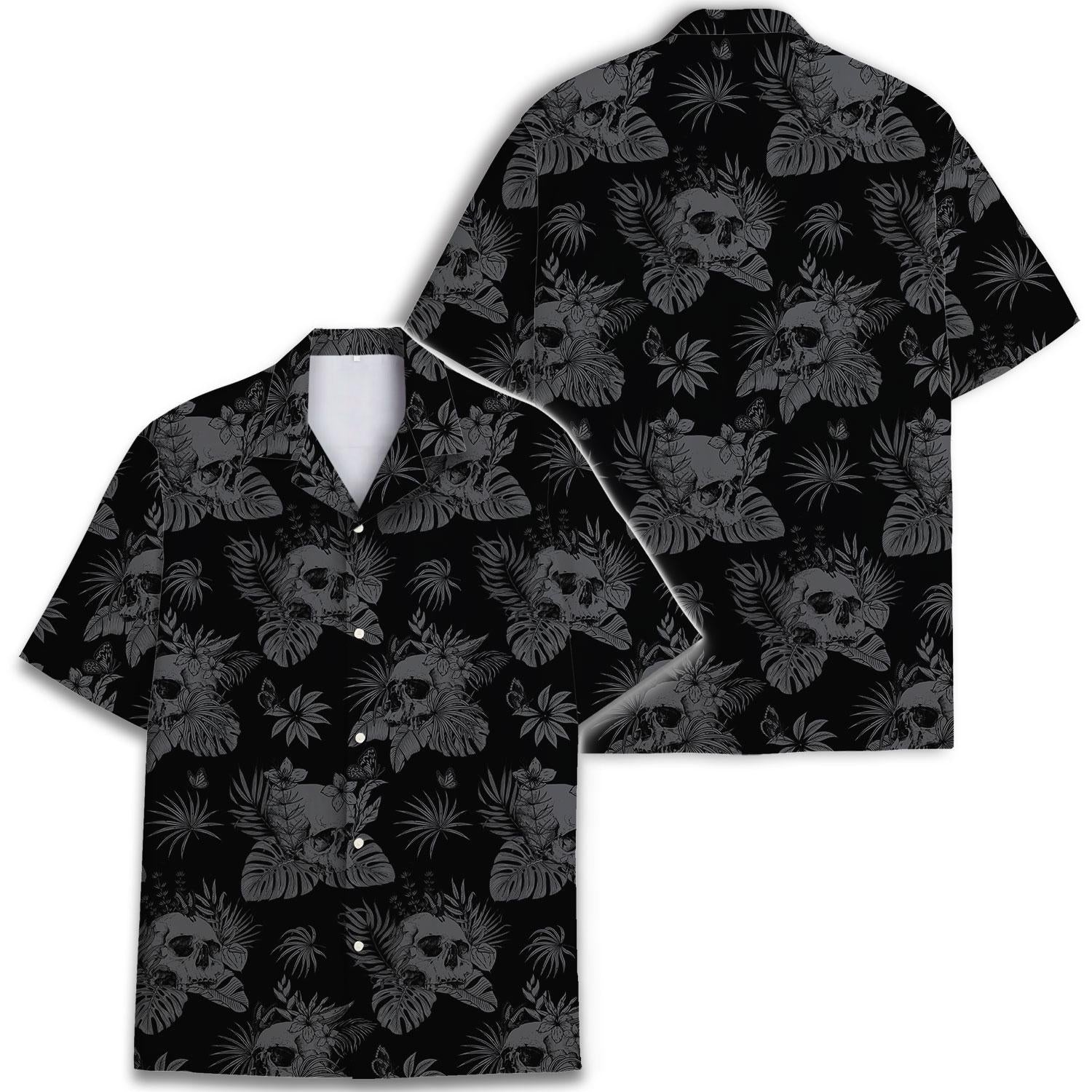 Front and back views of a black and gray skull tropical Hawaiian shirt