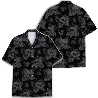 Front and back views of a black and gray skull tropical Hawaiian shirt