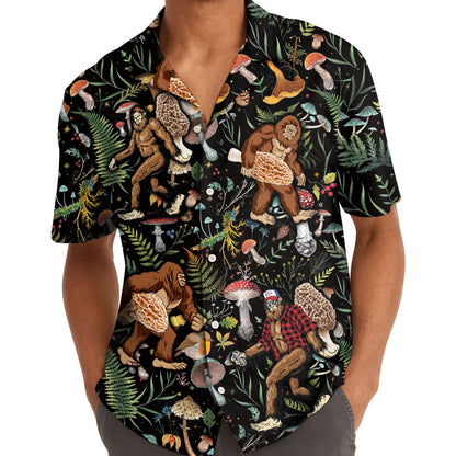 Model wearing the Sasquatch mushroom Hawaiian shirt outdoors