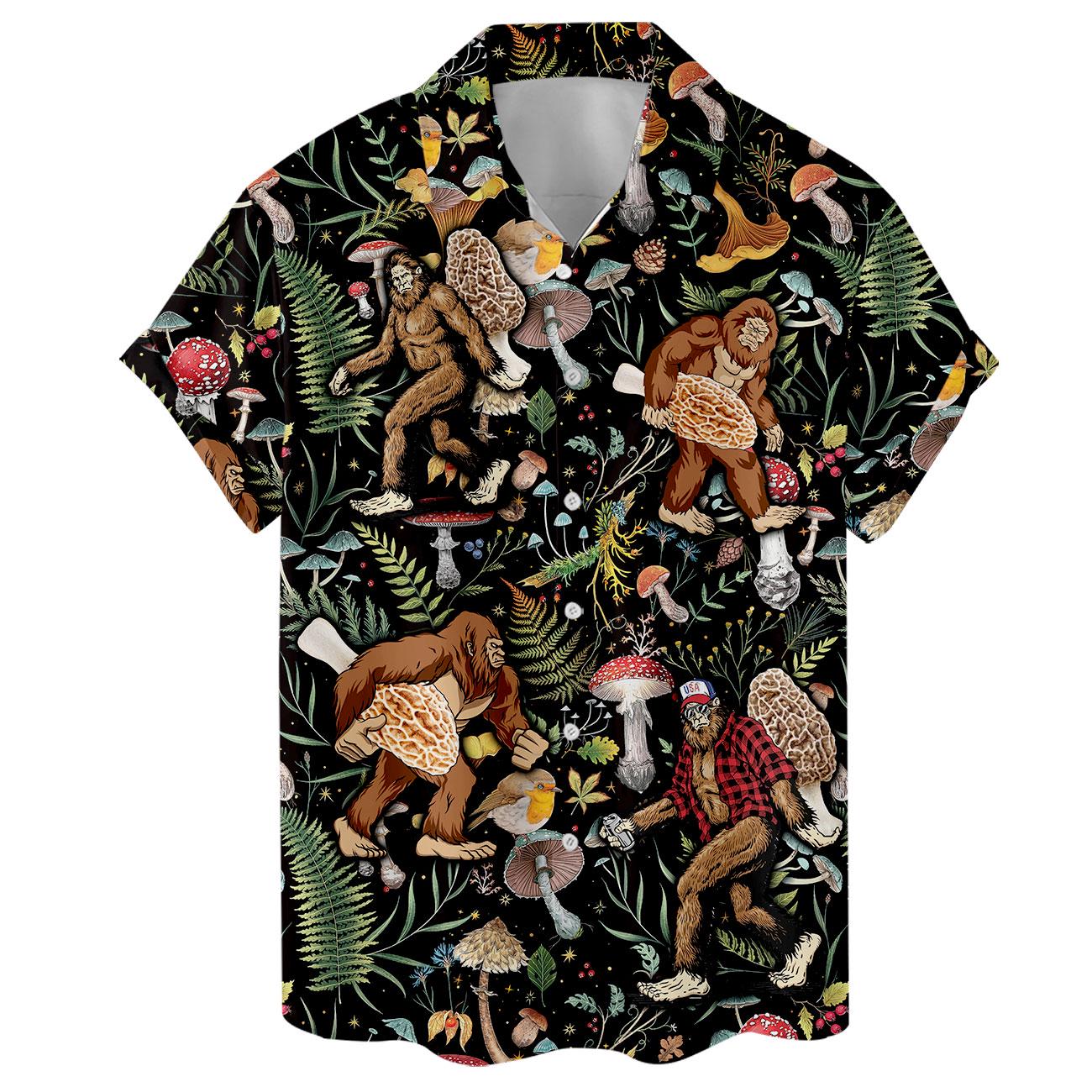Front flat view of short-sleeve Sasquatch mushroom Hawaiian shirt
