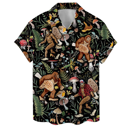 Front flat view of short-sleeve Sasquatch mushroom Hawaiian shirt