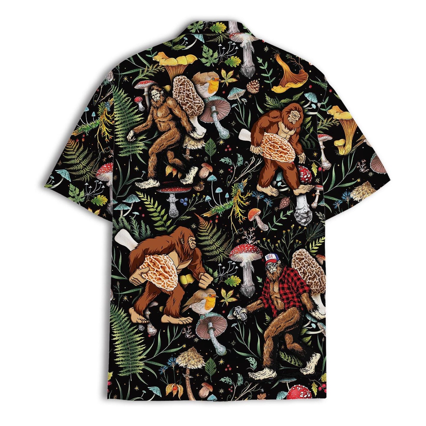 Back view of black Hawaiian shirt with Sasquatch, mushrooms, and fern print