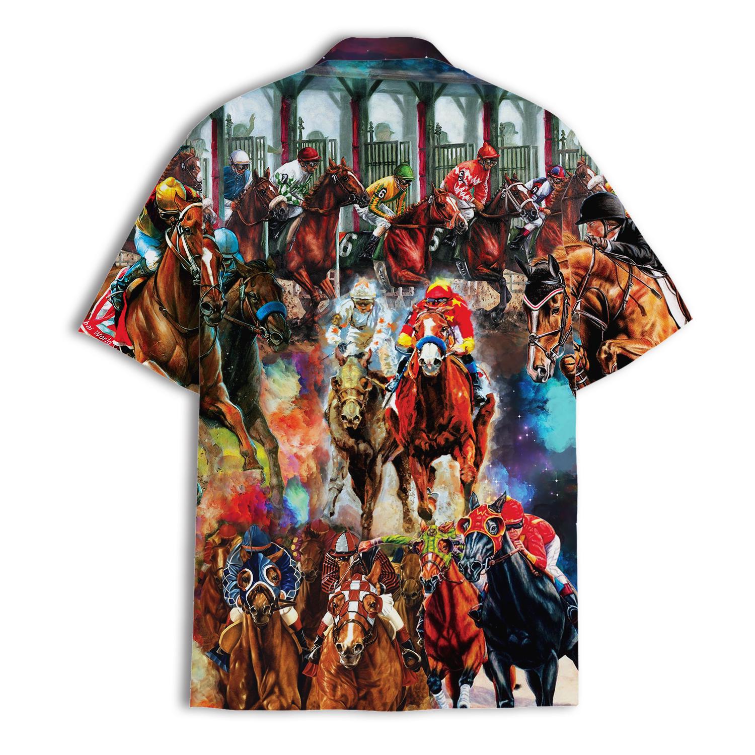 Back view of colorful equestrian Hawaiian shirt with racing horses