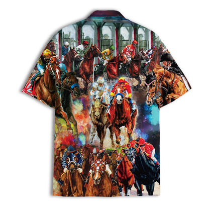 Back view of colorful equestrian Hawaiian shirt with racing horses
