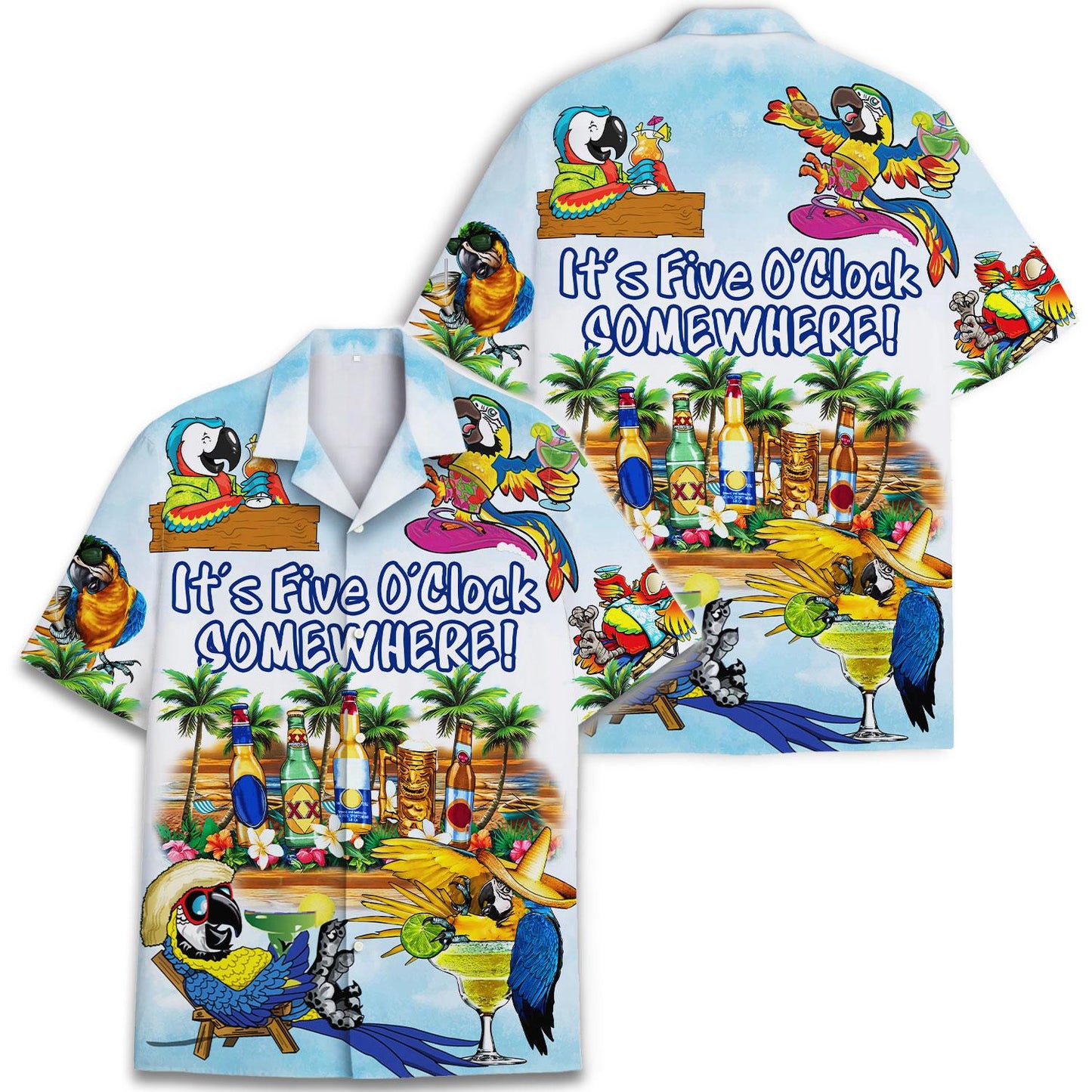 Front and back views of parrot tropical Hawaiian shirt
