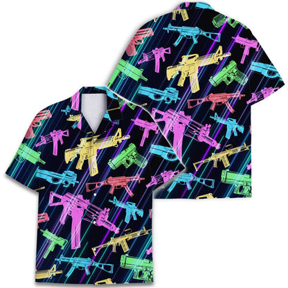 Two views of a neon gun pattern Hawaiian shirt showing the all-over print