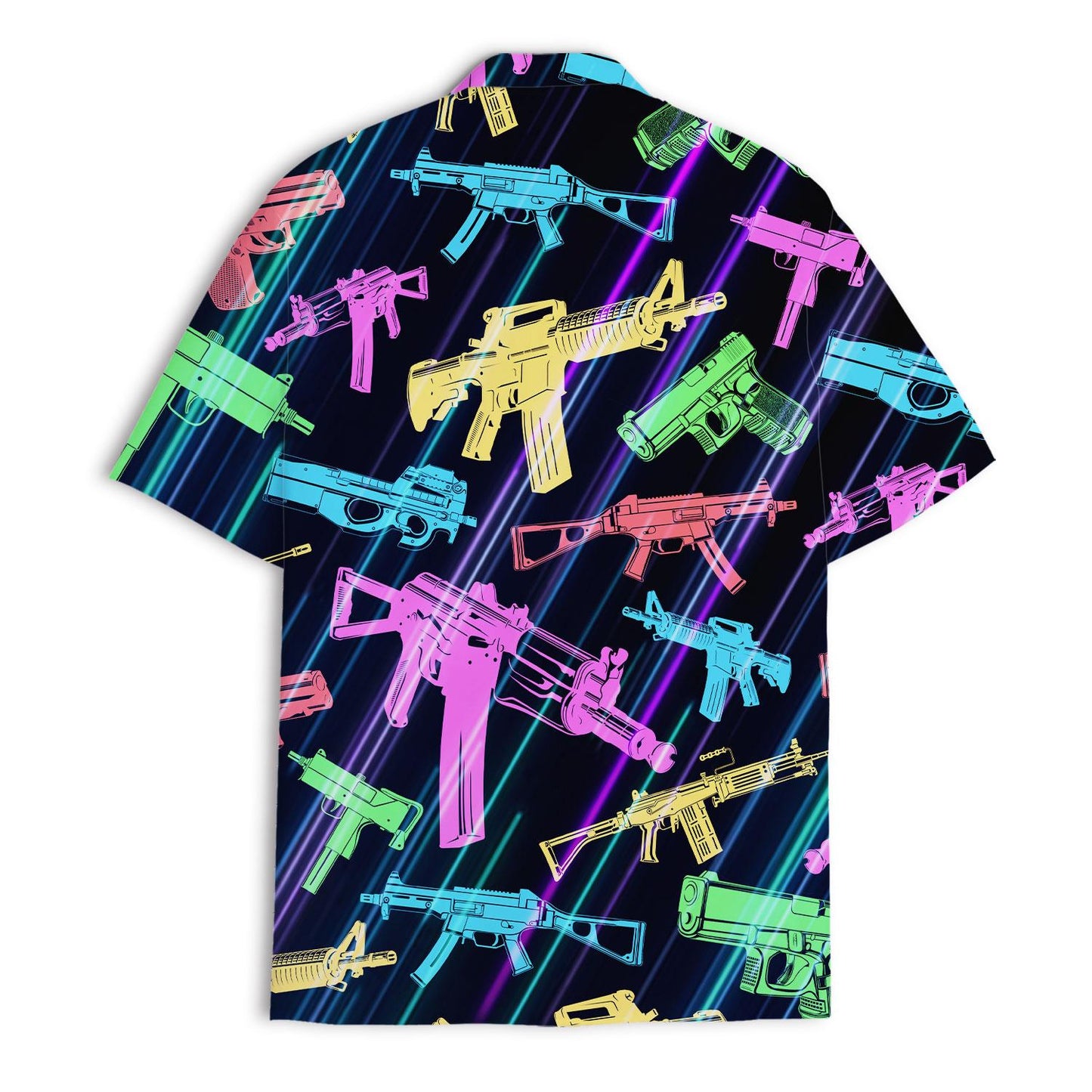 Back view of a colorful gun print Hawaiian shirt with diagonal neon accents