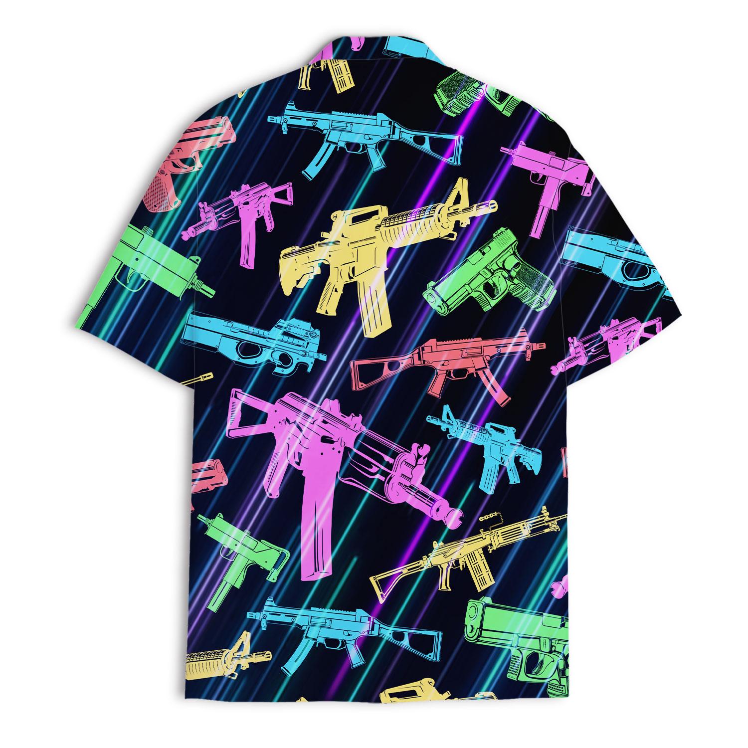Back view of a colorful gun print Hawaiian shirt with diagonal neon accents